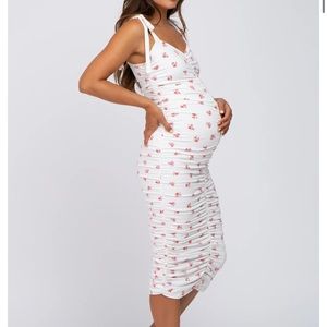 PINK BLUSH - M (post bump friendly) Ivory floral ruched maternity dress